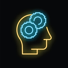 Poster - Neon style illustration representing the thinking process with a human head silhouette and two gears