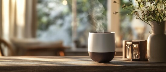 Sticker - Aromatic candle with smoke on wooden table in cozy indoor setting with blurred floral arrangement and natural light Copy Space