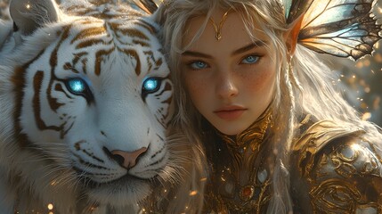 Poster - Ethereal elf with translucent butterfly wings golden armor and glowing blue eyes standing with her white tiger companion The scene is set in a moonlit misty forest with floating glowing particles