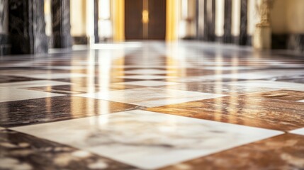 Poster - Marble floor tiles in an elegant hallway with reflections and blurred background doors Copy Space