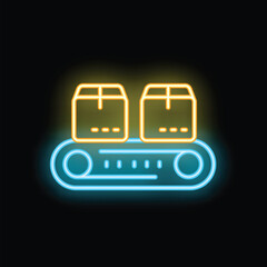 Poster - Neon sign depicting two cardboard boxes moving on a conveyor belt, likely in a warehouse or factory setting
