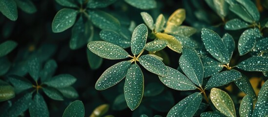 Aufkleber - Close-up of green leaves with raindrops, textured foliage background, nature backdrop, Copy Space for text