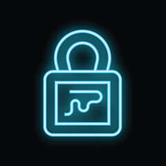 Wall Mural - Blue neon padlock icon is glowing on a black background, symbolizing digital security and data protection