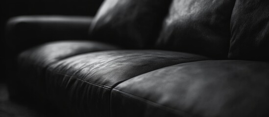 Aufkleber - Black leather sofa close-up with textured surface and soft cushions in low light atmosphere Copy Space