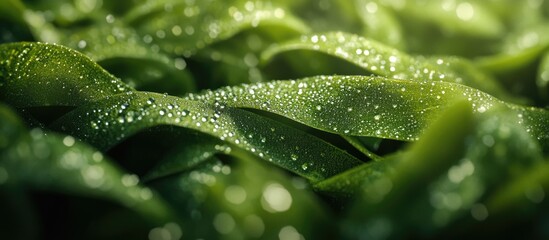 Sticker - Close-up of green algae with water droplets reflecting light in natural setting. Copy Space.