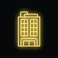 Poster - Bright yellow neon sign showing a generic office building with multiple windows at night