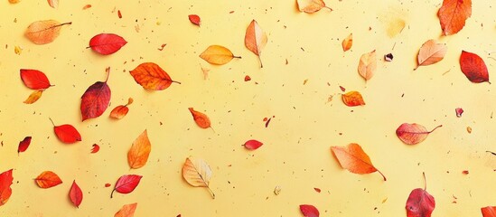 Aufkleber - Falling Autumn Leaves on Light Yellow Background with Copy Space