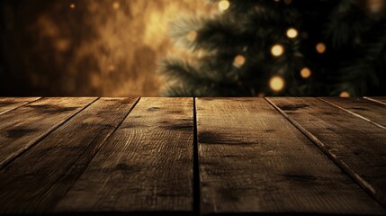 Aufkleber - Wooden table surface with bokeh lights and blurred Christmas tree in background Copy Space