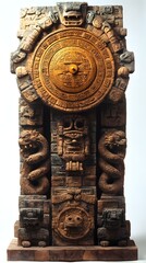 Poster - Imposing Aztec grandfather clock carved from ancient stone stands tall adorned with intricate glyphs and symbols The golden Aztec calendar serves as the clock's face surrounded by stone serpents