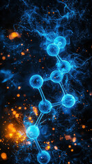 Poster - Molecular structures glowing in blue with explosive reactions in background create captivating visual