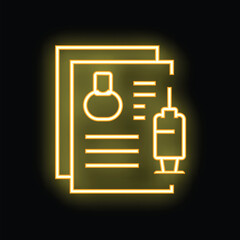 Sticker - Glowing neon icon representing medical analysis with a report, a syringe, and a flask