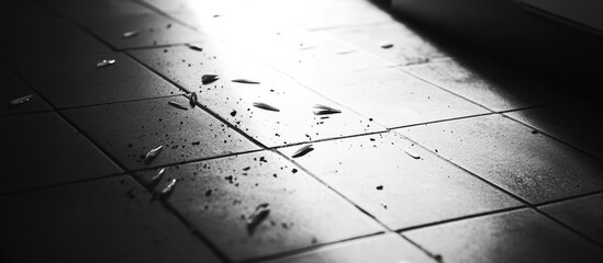 Aufkleber - Shattered glass pieces scattered on a tiled floor in black and white lighting with natural shadows Copy Space