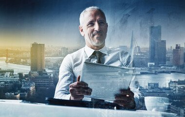 Aufkleber - Businessman, city overlay and tablet for planning, internet research and social networking. Stock exchange, professional and double exposure of person with digital tech, online trading and connection