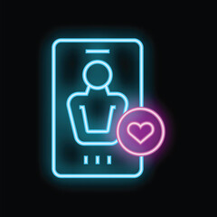 Poster - Glowing neon icon of a smartphone with a user profile and a heart symbol, representing a like or positive interaction