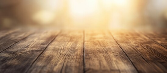Poster - Wooden table surface with warm blurred background and copy space