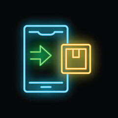 Poster - Bright neon sign representing online order delivery tracking through a mobile phone app with a right green arrow