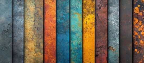 Aufkleber - Abstract textured background featuring colorful vertical metal panels with rust and patina, suitable for various design applications, Copy Space.