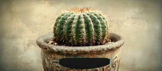 Aufkleber - Cactus in Decorative Pot with Textured Background and Copy Space for Text Placement