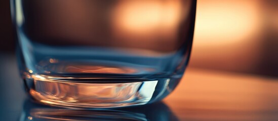 Sticker - Close-up of an empty glass with reflections on a wooden surface and a warm blurred background Copy Space