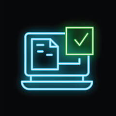 Poster - Glowing neon icon of a laptop with a document and a green check mark, symbolizing successful file verification or online approval