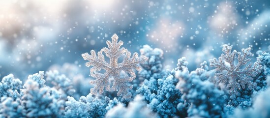 Sticker - Close-up of snowflakes on winter frosty surface with blurred background snow and cool blue tones Copy Space