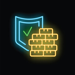 Canvas Print - Neon shield with a green check mark is protecting a stack of gold bars on a black background