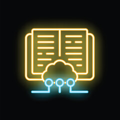 Poster - Neon icon of an open book connected to a cloud computing system, representing digital library or online education