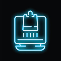 Poster - Neon blue icon of a barcode scanner reading a shopping bag on a laptop computer, representing the concept of online shopping