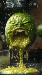 Poster - Lime with a humanlike expression in sheer agony caught in a metal vise Juice pours out of its eyes nose and mouth filling a glass below in a hyperdetailed photorealistic scene