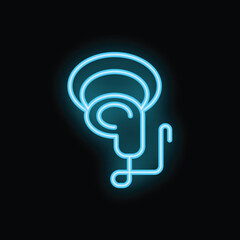 Poster - Blue glowing neon icon of wireless earbuds connecting to internet signal on black background