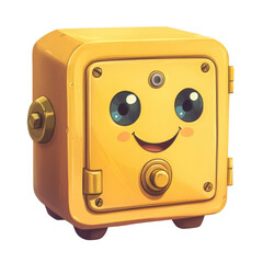 Aufkleber - A digital illustration of a cute yellow safe with a smiling face, designed as a cartoon character.