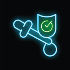 Poster - glowing neon icon of a sword being protected by a shield with a check mark, representing the concept