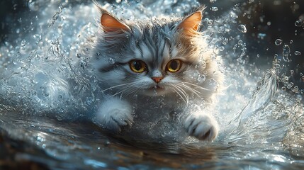Poster - Ultradetailed Pixarstyle illustration of a fluffy cat diving underwater feet and paws flailing accompanied by a large wave and splash with air bubbles streaming from its snout and mouth