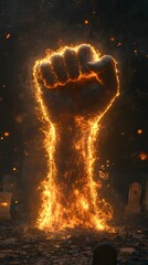 Poster - Ultrarealistic 3D rendering of a raised fist emerging from the ground surrounded by dynamic flames set against a dark background with detailed realistic tombstones creating an eerie atmosphere
