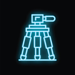 Poster - Bright blue neon icon of a camera tripod glowing on a dark background, perfect for visual content related to photography, videography, and content creation