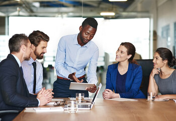 Poster - Tablet, group and business people planning in meeting, training and cooperation with manager. Team, technology and brainstorming ideas for finance investment, sales revenue and discussion in office
