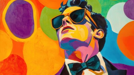 Aufkleber - A vibrant painting of a man wearing sunglasses and a bow tie, set against a colorful background.