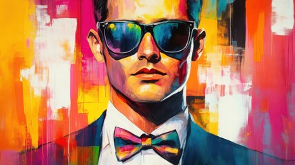 Poster - A vibrant painting of a man wearing sunglasses and a bow tie, set against a colorful background.