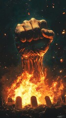 Poster - Ultrarealistic image of a fist thrusting upward from the ground fiery flames in the background set against a dark void with intricate tombstones evoking a powerful sense of rebellion and energy