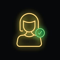 Poster - glowing neon icon of a woman with a green checkmark showing validation on a black background