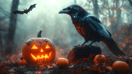 Poster - Autumn forest leafless trees fog a black raven perched on a glowing jacko'lantern with a mischievous grin small sinister pumpkins below bats hovering warm autumn colors spooky atmosphere