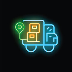 Poster - Colorful neon sign depicting a delivery truck carrying a box and showing its location with a pin, symbolizing modern logistics and online shopping