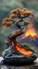 Poster - Bonsai tree its trunk twisting into a fiery dragon lavalike cracks running through its bark breathing fire In the distance a volcano erupts casting molten light on the detailed scene