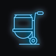 Poster - Blue neon sign of a hand truck carrying a box, perfect illustration for warehouse and delivery concepts