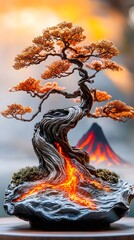 Poster - bonsai tree its trunk twisting into a fiery dragon lavalike cracks running through its bark breathin