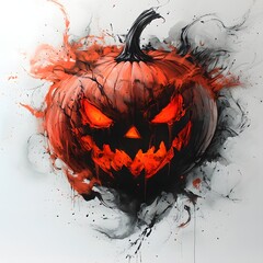 Poster - Capture haunting image of a Halloween pumpkin with fierce red eyes and black hair merging into dynamic ink splashes on a white sheet representing the fusion of man and creativity in dark tones