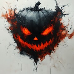 Poster - Capture haunting image of a Halloween pumpkin with fierce red eyes and black hair merging into dynamic ink splashes on a white sheet representing the fusion of man and creativity in dark tones