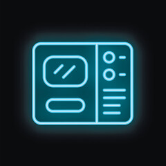 Poster - Blue neon microwave icon glowing on dark background, representing concept of quick and easy cooking