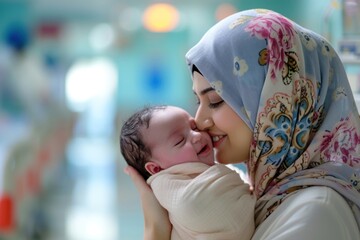 Wall Mural - Middle eastern mom kissing new baby born portrait newborn smiling.