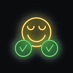 Poster - Yellow neon icon of a smiling face with closed eyes, showing approval with two green check marks